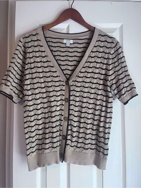 J. Crew Beige and Black Short-Sleeve V-Neck Cardigan